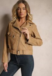 Beżowa Kurtka o Kroju Ramoneski z Paskiem ze Sprzączką i Kieszeniami Milvila. Brązowe kurtki Renee, l, bez wzorów, z jeansu, eleganckie, bez kaptura. W wyprzedaży za 187.49 zł.