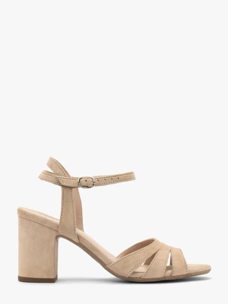 Welurowe sandały damskie na obcasie. Brązowe sandały Ryłko, bez wzorów, ze skóry, bez obcasa, na obcasie, bez zapięcia. W wyprzedaży za 299.99 zł.