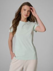 4F T-shirt slim z nadrukiem damski - miętowy S. Niebieskie t-shirty 4f, l, bez wzorów, z jeansu, bez kołnierzyka, bez ramiączek. Za 49.99 zł.