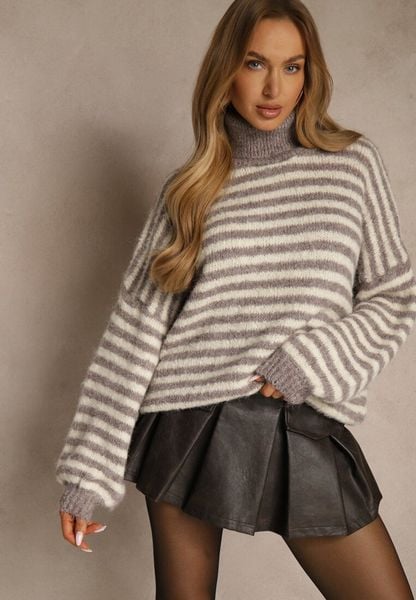 Szaro-Beżowy Golf z Dodatkiem Wełny Ozdobiony Paskami Monarria. Szare swetry Renee, bez wzorów, z jeansu, eleganckie, bez ramiączek. Za 169.99 zł.