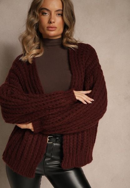 Bordowy Oversizowy Kardigan Bez Zapięć z Dodatkiem Wełny i Wiskozy Titanesa. Czerwone swetry Renee, z aplikacjami, z koronki, bez ramiączek. Za 139.99 zł.
