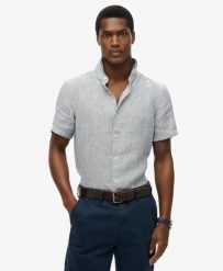 Superdry Koszula Vacation lniana krótki rękaw Navy Ticking Linen. Niebieskie koszule Superdry, s, bez wzorów, z tkaniny, bez kołnierzyka, bez ramiączek. Za 322.70 zł.