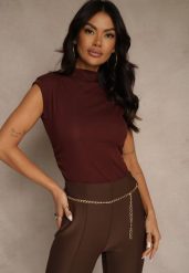 Bordowy Top z Bawełny i Wiskozy ze Stójką i Marszczeniem w Talii Zetelie. Czerwone topy Renee, m, bez wzorów, z bawełny, eleganckie, bez kołnierzyka, bez ramiączek. Za 59.99 zł.