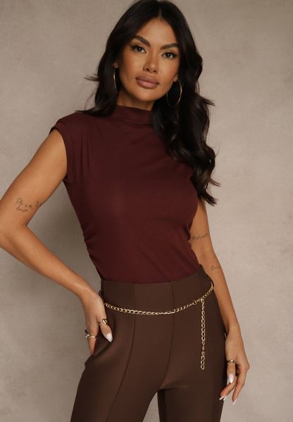 Bordowy Top z Bawełny i Wiskozy ze Stójką i Marszczeniem w Talii Zetelie. Czerwone topy Renee, m, bez wzorów, z bawełny, eleganckie, bez kołnierzyka, bez ramiączek. Za 59.99 zł.