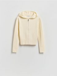 Kardigan z kapturem - kremowy. Białe swetry Reserved, l, bez wzorów, z dzianiny, bez ramiączek. Za 139.99 zł.