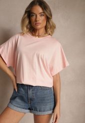 Jasnoróżowy T-shirt z Wiskozą o Fasonie Nietoperza Tanalitha. Czerwone t-shirty Renee, bez wzorów, z jeansu, bez kołnierzyka, bez ramiączek. W wyprzedaży za 55.99 zł.