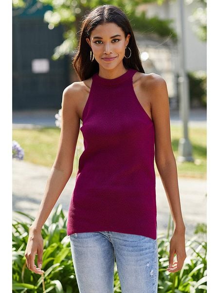 Milan Kiss Top w kolorze bordowym rozmiar: M. Czerwone topy Milan Kiss, m, bez wzorów, z wełny, bez kołnierzyka, bez ramiączek. Za 114.44 zł.