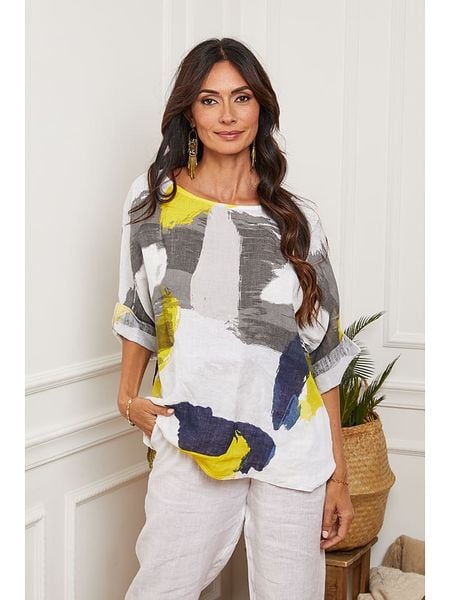 La Compagnie Du Lin Lniana bluzka "Kirk" w kolorze białym ze wzorem rozmiar: M. Białe bluzki La Compagnie Du Lin, m, bez wzorów, ze lnu, bez kołnierzyka, bez ramiączek. Za 104.89 zł.