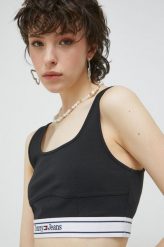 Tommy Jeans top damski kolor czarny. Czarne topy Tommy Jeans, l, bez wzorów, z dzianiny, bez kołnierzyka, bez ramiączek. Za 229.99 zł.