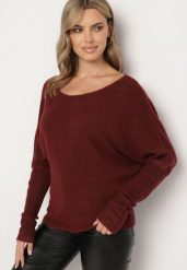 Bordowy Sweter z Lnem i Dekoltem w Łódkę o Kroju Oversize Sassirra. Czerwone swetry Born2be, l, bez wzorów, z jeansu, biznesowe, bez ramiączek. W wyprzedaży za 118.99 zł.