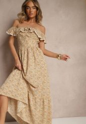 Żółta Sukienka z Ozdobnymi Falbankami Folanne. Żółte sukienki Renee, na co dzień, l, bez wzorów, z jeansu, eleganckie, bez kołnierzyka, bez ramiączek, maxi, proste. W wyprzedaży za 67.99 zł.