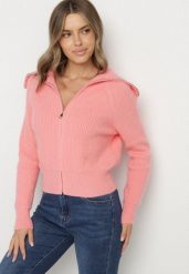 Różowy Kardigan Dzianiny z Wełną z Golfem Zapinany na Suwak Zinellia. Czerwone swetry Born2be, l, bez wzorów, z dzianiny, klasyczne, bez ramiączek. Za 89.99 zł.