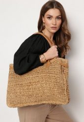 Beżowa Duża Torebka Tote Plażowa z Plecionki w Stylu Boho Delmirra. Brązowe torebki klasyczne Born2be, bez wzorów, z materiału, boho, duże, bez dodatków. W wyprzedaży za 93.49 zł.