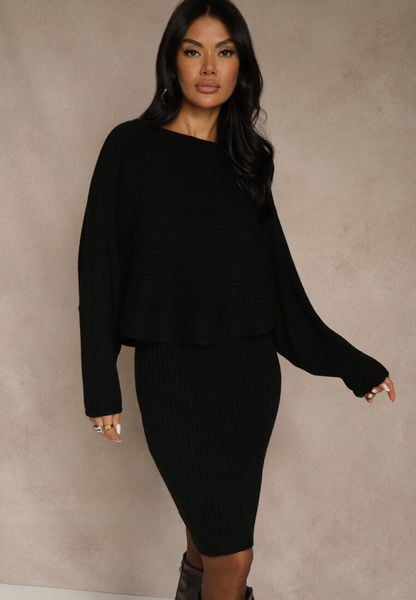 Czarny Prążkowany Komplet z Dzianiny Sukienka Bodycon i Sweter Nietoperz Wediana. Czarne swetry Renee, m, bez wzorów, z dzianiny, eleganckie, bez ramiączek. Za 139.99 zł.