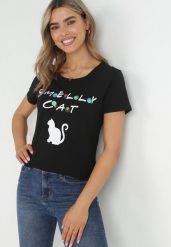 Czarny Bawełniany T-shirt z Nadrukiem Kayani. Czarne t-shirty Born2be, m, bez wzorów, z bawełny, bez kołnierzyka, bez ramiączek. W wyprzedaży za 47.99 zł.