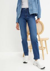 Dżinsy Mom ze stretchem. Niebieskie jeansy bonprix, bez wzorów, z jeansu. Za 109.99 zł.