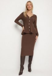 Brązowy Elegancki Komplet z Dzianiny z Wiskozą Kardigan i Spódnica Uneva. Brązowe swetry Born2be, bez wzorów, z dzianiny, casualowe, bez ramiączek. Za 159.99 zł.
