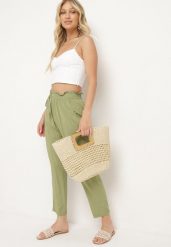 Zielone Bawełniane Spodnie Paper Bag z Wysokim Stanem i Gumką w Pasie Zeranea. Zielone jeansy Born2be, uniwersalny, bez wzorów, z bawełny, eleganckie, z podwyższonym stanem. W wyprzedaży za 33.99 zł.
