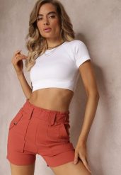 Różowe Szorty z Wysokim Stanem i Elastyczną Gumką w Talii Kiedosa. Czerwone szorty Renee, bez wzorów. W wyprzedaży za 35.99 zł.