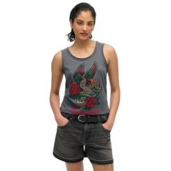 Top bez rękawów z odkrytymi ramionami dla kobiet Superdry Neo Trad Tattoo. Czarne topy Superdry, bez wzorów, bez kołnierzyka, bez ramiączek. Za 148.50 zł.