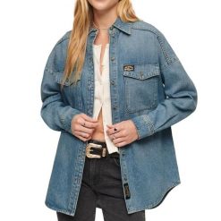 Damska koszula dżinsowa oversize Superdry. Niebieskie koszule Superdry, m, z aplikacjami, z bawełny, eleganckie, bez kołnierzyka, bez ramiączek. Za 310.50 zł.