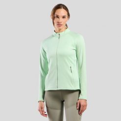 Bluza damska Odlo TENCIA Mid layer full zip. Zielone bluzy z kapturem ODLO, na zimę, l, bez wzorów, z materiału, bez kaptura, narciarskie. Za 297.49 zł.