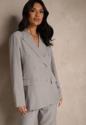 Szara Dwurzędowa Marynarka z Wiskozą i Usztywnianą Linią Ramion Ellirisa. Szare marynarki i żakiety Renee, l, bez wzorów, z jeansu, eleganckie, bez ramiączek. W wyprzedaży za 135.99 zł.