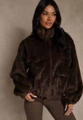 Brązowa Futrzana Kurtka Bomberka z Kieszeniami Tiwedela. Brązowe kurtki Renee, l, bez wzorów, z futra, eleganckie, bez kaptura. Za 239.99 zł.