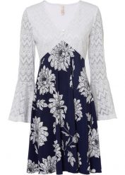 Rozkloszowana sukienka z dżerseju. Brązowe sukienki bonprix, z aplikacjami, z dżerseju, boho, bez kołnierzyka, bez ramiączek, rozkloszowane. Za 139.99 zł.