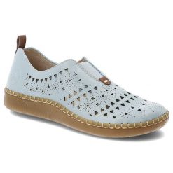 Półbuty damskie Rieker, cholewka ze skóry ekologicznej z ażurowym wzorem wsuwany fason z zabudowanym przodem, niebieskie, N2452-10. Niebieskie półbuty wsuwane Rieker, na lato, w ażurowe wzory, ze skóry ekologicznej, eleganckie, bez obcasa, na płaskiej podeszwie. Za 254.90 zł.