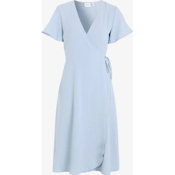 Sukienka Lovie. Niebieskie sukienki Vila, uniwersalny, bez wzorów, z tkaniny, eleganckie, bez kołnierzyka, bez ramiączek, midi, kopertowe. Za 169.00 zł.