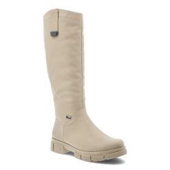Kozaki damskie Rieker o wysokim fasonie z prostą cholewką i masywną traperową podeszwą beżowe, Y7190-60 Beige. Brązowe kozaki Rieker, na zimę, bez wzorów, z puchu, eleganckie, przed kolano, bez obcasa, bez zapięcia. Za 439.00 zł.