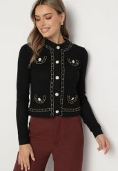 Czarny Kardigan z Metaliczną Nicią i Ozdobnymi Guzikami Raielle. Czarne swetry Born2be, s, bez wzorów, z tkaniny, eleganckie, bez ramiączek. W wyprzedaży za 152.99 zł.