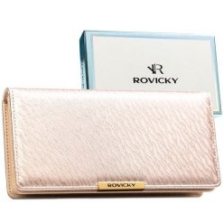 Duży, beżowy portfel damski ze skóry ekologicznej wyposażony w system RFID - Rovicky. Brązowe portfele ROVICKY, bez wzorów, ze skóry ekologicznej. Za 79.99 zł.