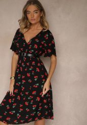 Czarna Rozkloszowana Sukienka z Bawełny Zdobiona Printem w Wisienki Folenea. Czarne sukienki Renee, na randkę, l, z aplikacjami, z bawełny, klasyczne, bez kołnierzyka, bez ramiączek, midi, rozkloszowane. W wyprzedaży za 55.99 zł.