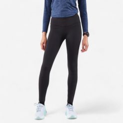 Legginsy do biegania damskie Kiprun Run 500 Warm ocieplane. Niebieskie legginsy KIPRUN, bez wzorów, z materiału. Za 129.99 zł.