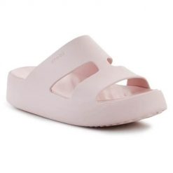 Klapki damskie Crocs Getaway Platform H-strap. Czerwone klapki Crocs, bez wzorów, z materiału, eleganckie, bez obcasa, na platformie, bez zapięcia. Za 199.99 zł.
