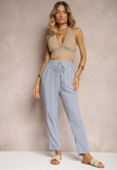 Jasnoniebieskie Spodnie Paper Bag High Waist z Bawełny z Gumką w Talii Emorea. Niebieskie jeansy Renee, l, bez wzorów, z bawełny, eleganckie, z podwyższonym stanem. W wyprzedaży za 31.99 zł.