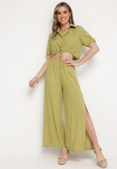 Zielony Bawełniany Komplet z Krótką Koszulą i Szerokimi Spodniami z Rozcięciami Denara. Zielone koszule Born2be, xl, bez wzorów, z bawełny, eleganckie, bez kołnierzyka, bez ramiączek. Za 99.99 zł.