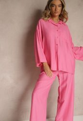 Fuksjowy Wiskozowy Komplet Oversize Koszula i Spodnie Wide Leg Zierana. Czerwone koszule Renee, bez wzorów, z materiału, bez kołnierzyka, bez ramiączek. W wyprzedaży za 111.99 zł.