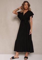 Czarna Kopertowa Sukienka z Wiskozy Ozdobiona Paskiem Savioneira. Czarne sukienki Renee, na co dzień, l, bez wzorów, z jeansu, eleganckie, bez kołnierzyka, bez ramiączek, maxi, kopertowe. W wyprzedaży za 63.99 zł.