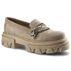 Półbuty damskie Carinii, wsuwany fason typu loafers cholewka ze skóry naturalnej zamszowej masywna traktorowa podeszwa gruba platforma ozdobny łańcuc. Brązowe półbuty wsuwane Carinii, z aplikacjami, ze skóry, biznesowe, bez obcasa, na platformie. Za 309.00 zł.