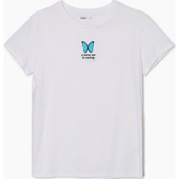 T-shirt oversize z haftem - Biały. Białe t-shirty Cropp, l, bez wzorów, z bawełny, bez kołnierzyka, bez ramiączek. W wyprzedaży za 29.99 zł.