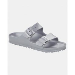 Klapki damskie Birkenstock Arizona Eva. Szare klapki Birkenstock, bez wzorów, z materiału, bez obcasa, bez zapięcia. Za 344.00 zł.
