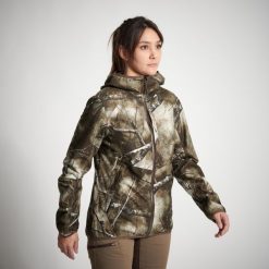 Kurtka myśliwska damska Solognac 500 camo wodoodporna. Brązowe kurtki SOLOGNAC, xs, bez wzorów, z materiału, sportowe, bez kaptura. Za 349.99 zł.
