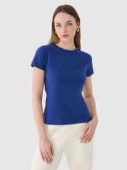 4F T-shirt slim z nadrukiem damski - granatowy L. Niebieskie t-shirty 4f, l, bez wzorów, z bawełny, klasyczne, bez kołnierzyka, bez ramiączek. Za 49.99 zł.