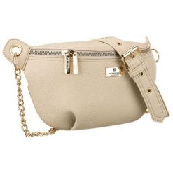 Beżowa saszetka damska ze skóry ekologicznej zamykana suwakiem, zawieszona na regulowanym pasku - Peterson. Brązowe nerki i saszetki Peterson, bez wzorów, ze skóry ekologicznej, eleganckie, bez dodatków. Za 71.99 zł.