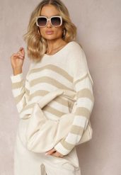 Jasnobeżowy Sweter w Szerokie Paski z Dekoltem w Serek Liminela. Brązowe swetry Renee, bez wzorów, z materiału, casualowe, bez ramiączek. W wyprzedaży za 55.99 zł.