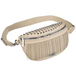 Beżowa saszetka damska wykonana ze skóry ekologicznej, ozdobiona ćwiekami - Peterson. Brązowe nerki i saszetki Peterson, bez wzorów, ze skóry ekologicznej, bez dodatków. Za 71.99 zł.