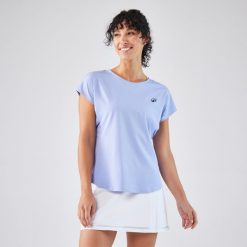 Koszulka tenisowa z okrągłym dekoltem damska Artengo Dry. Niebieskie t-shirty sportowe ARTENGO, xl, bez wzorów, z elastanu, bez ramiączek, tenisowe. Za 59.99 zł.